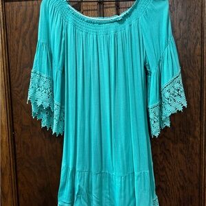 Teal Off-Shoulder Lace Trim dress